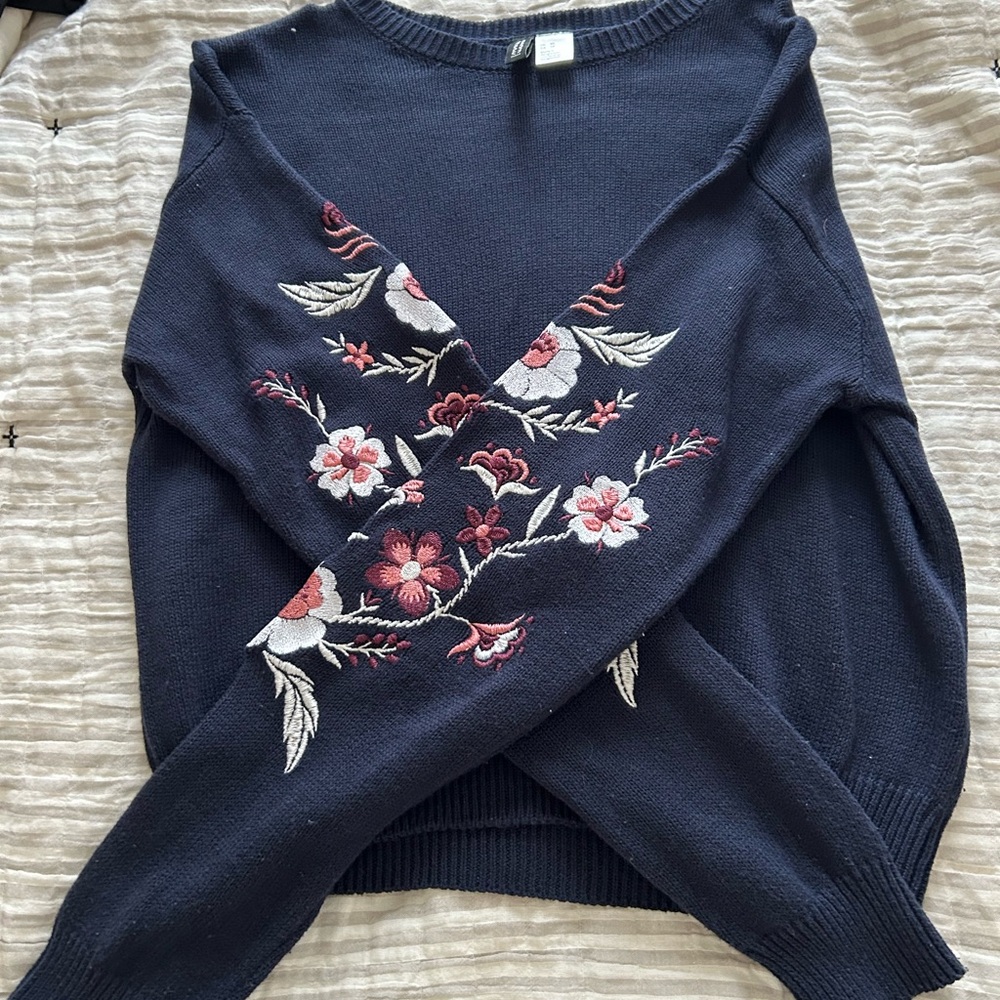 H&M Blue Sweater with Pink Floral Embroidery